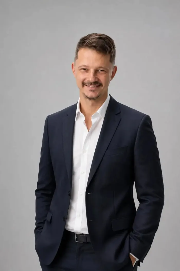 Lauris Priede smiling in a navy suit and white shirt, hands in pockets, against a grey studio background
